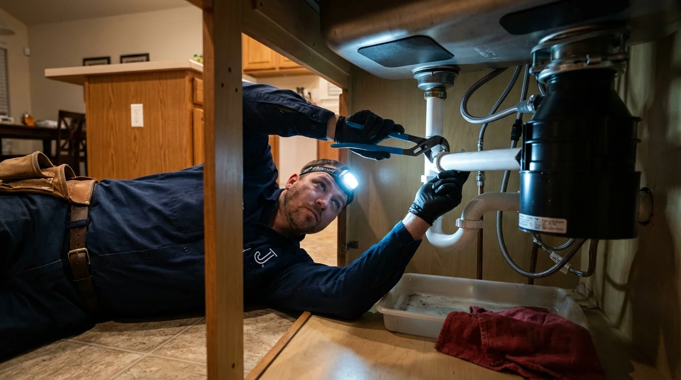 P-trap and supply line connections under a kitchen sink showing a common leak point in Jefferson, TX
